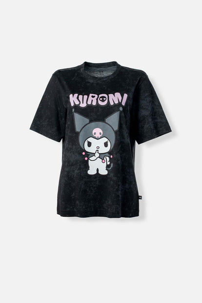  CAMISETA DE KUROMI MANGA CORTA GRIS Y NEGRO PARA MUJER