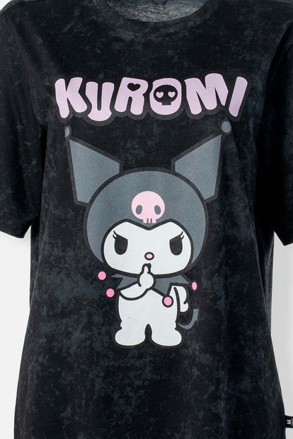  CAMISETA DE KUROMI MANGA CORTA GRIS Y NEGRO PARA MUJER