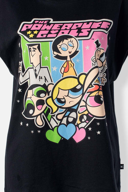  CAMISETA DE LAS CHICAS SUPERPODEROSAS NEGRA ESTAMPADA EN FRENTE PARA MUJER