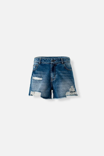  SHORT DE MOVIES EN DENIM TONO MEDIO CON ROTOS PARA MUJER